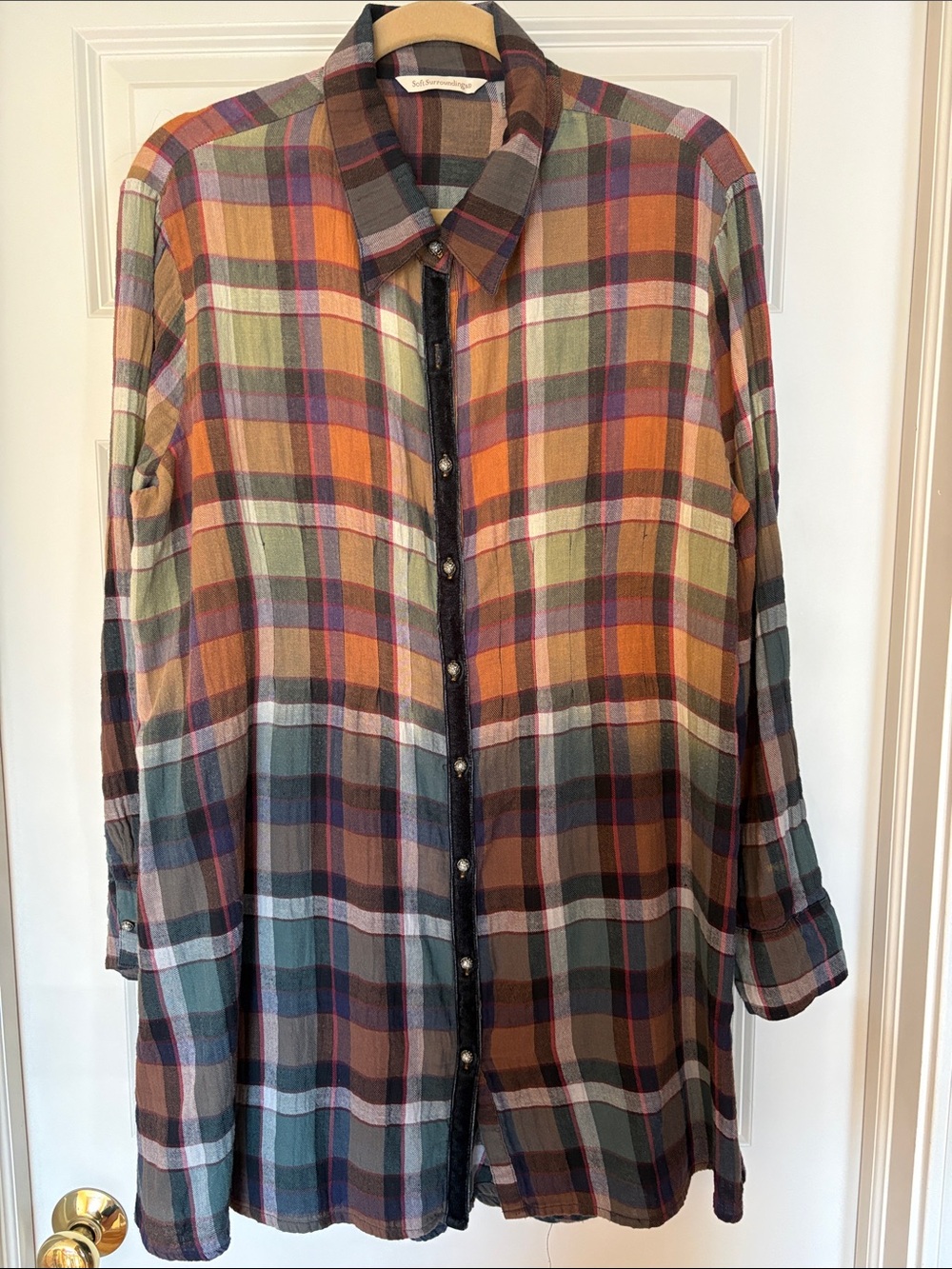 Soft Surroundings Multicolor Plaid Button-Down Shirt - Orange, Brown, Green